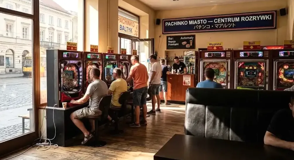 Detal automatu pachinko w świetle neonów