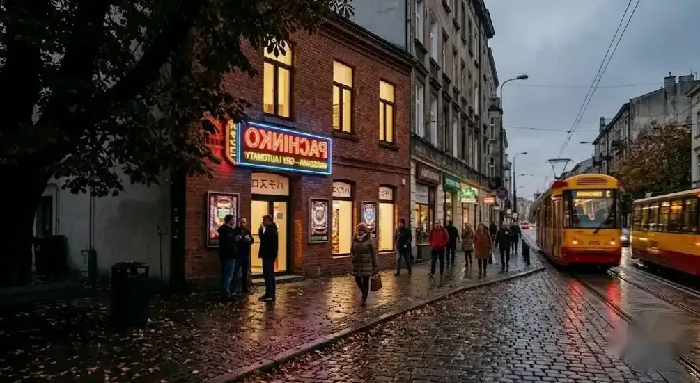 Automat pachinko z bliska — plansza pełna gwoździ
